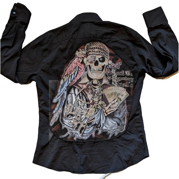 H&M Mens Large Shirt Black GATS.B Jack Sparrow Skeleton Hustla Blinged Back Hit! - Picture 2 of 8